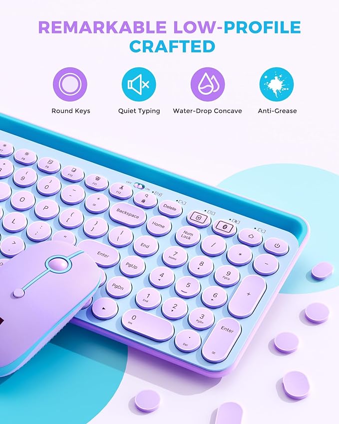 seenda Bluetooth Keyboard and Mouse for iPad, CTU-301 Multi-Device Bluetooth + 2.4G Wireless Keyboard Mouse with Tablet Holder for MacBook/Windows Computer, iOS/Andriod Tablet Phone, Blue & Purple