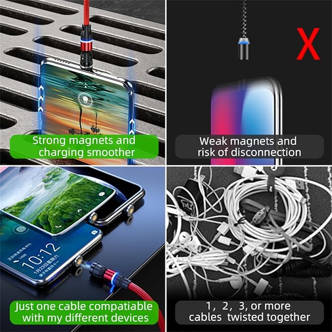 Magnetic Charging Cable (6-Pack,1.6+3.3+3.3+6.6+6.6+10ft) 540° Rotation 3A Fast Charging Data Sync 3 in 1 Magnetic Phone Charger Cable with LED Light Compatible with Micro USB Type C Phone Device