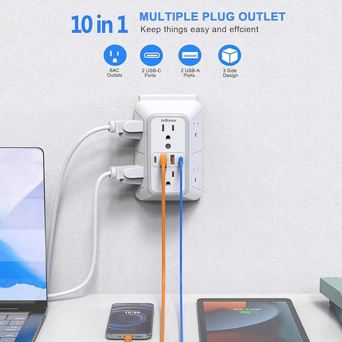 3 Pack Surge Protector Outlet Extender, 6 Outlet Splitter with 4 USB Ports (2 USB C), Multi Plug Wall Outlet 1050J Power Strip, USB Wall Charger for Home Office Kitchen Travel-ETL