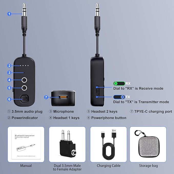 Bluetooth Transmitter Receiver with Airplane Adapter: Wireless Audio Transmitter for 2 AirPods/Headphones - 20+ Hr Battery Works USB Charging with 3.5mm Jack AUX for Flight,Gym,Car,TV,Tablet,Travel