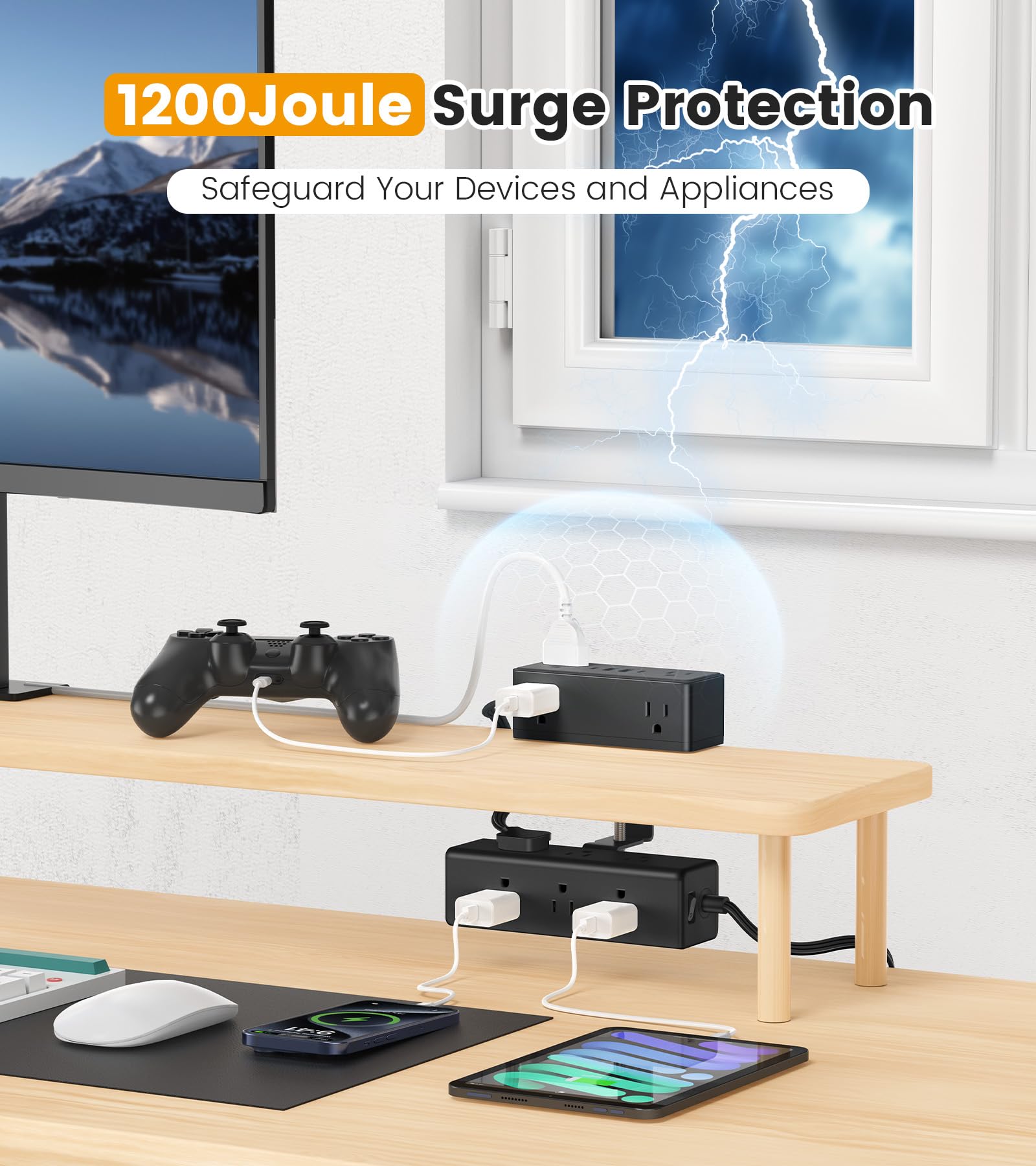 VILONG Dual Layer Desk Clamp Power Strip, 13 Outlets, 20W USB-C, 10FT Cord