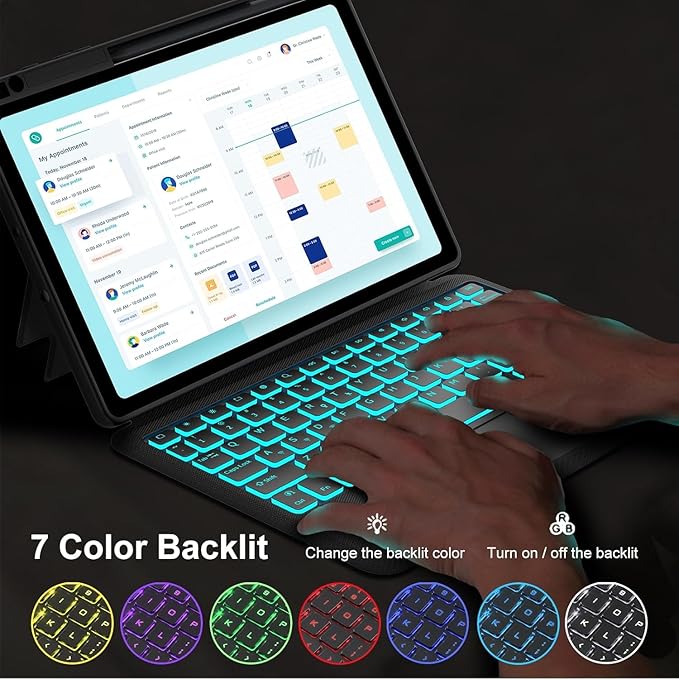 Touch for iPad 9th/8th/7th Generation Case with Keyboard 10.2 Inch, Multi-Touch Trackpad, 7 Color Backlit, Detachable Magnetic Folio Cover with Pencil Holder for iPad Air 3rd Gen/iPad Pro 10.5" Black