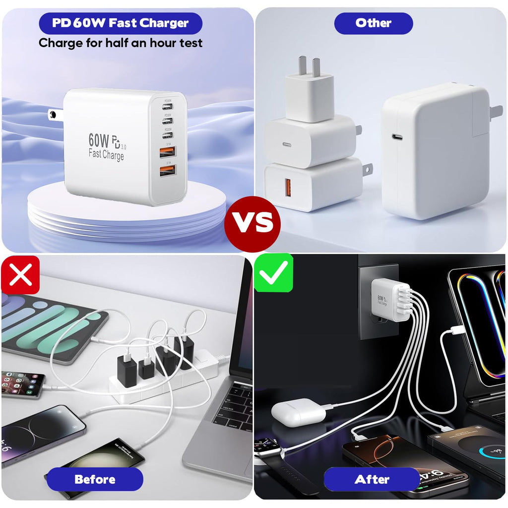 iPhone 17/16 Fast Charger Block,2 Pack 60W USB Charging Block 5-Port Charge Adapter for Apple iPhone Charger with 6FT USB C Woven Fast Charging Cable for iPhone17/16e/16Pro/15ProMax, iPad Pro/Air/Mini