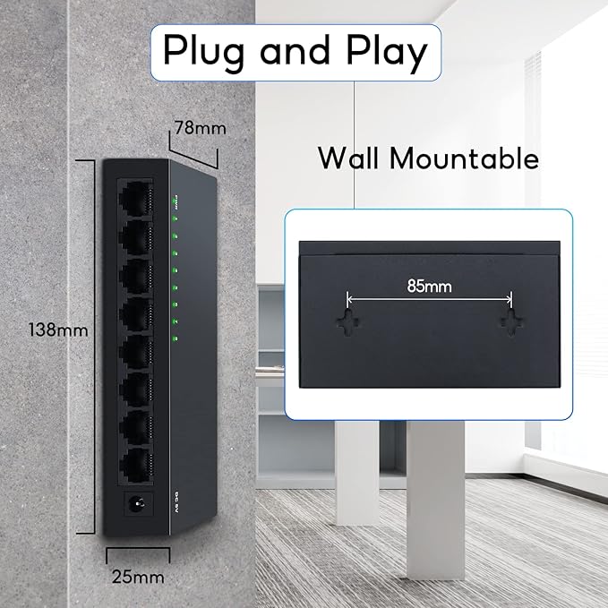 SODOLA 8 Port Gigabit Ethernet Switch|Desktop/Wall-Mount|Plug & Play| Fanless |Metal Housing|Fanless Design|Desktop Ethernet Splitter|Quiet Unmanaged Network Switch