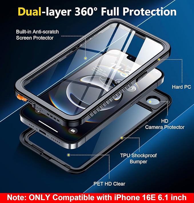 SPIDERCASE for iPhone 16e Case Waterproof,Built-in Screen & Camera Lens Protector[IP68 Underwater] Full Body Protection Phone Case for iPhone 16e 6.1'', Black/Clear