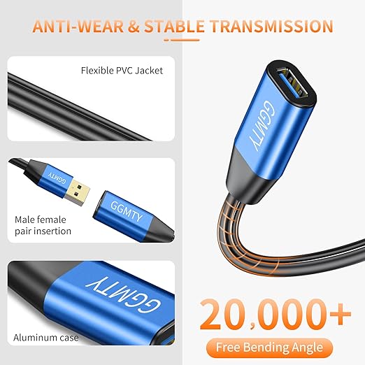 USB 2.0 Type A Male to A Female Active Repeater Extension Cable 30ft, High Speed 480 Mbps