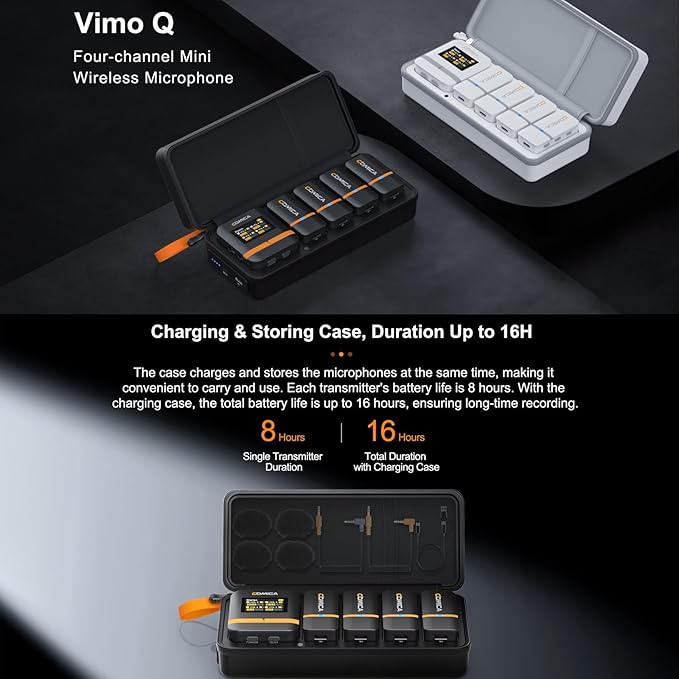 COMICA Vimo Q Four-Channel Mini Wireless Lavalier Microphone System with 4 Transmitters and 1 Receiver with Charging Case for Phone Video Recording Interview Youtubers Vloggers