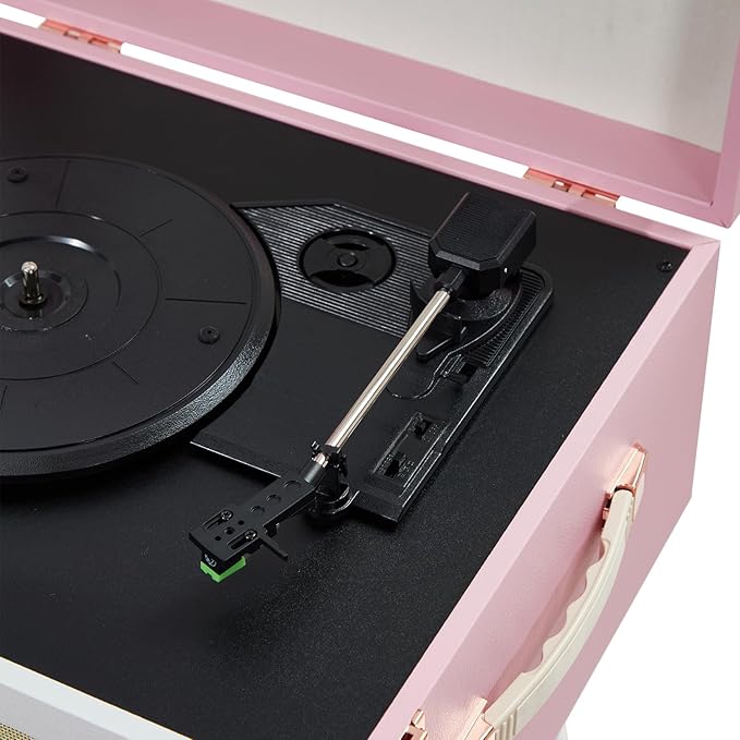 Arkrocket Discovery II 3-Speed Bluetooth Record Player Retro Console Turntable with Built-in Speakers and Removable Legs (Pink/White)
