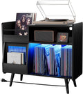 Large Record Player Stand with Sliding Door,350 Vinyl Record Storage Cabinet, Record Player Table with Power Outlet and LED Light,Turntable Stand with Wood Legs for Living Room,Bedroom,Office