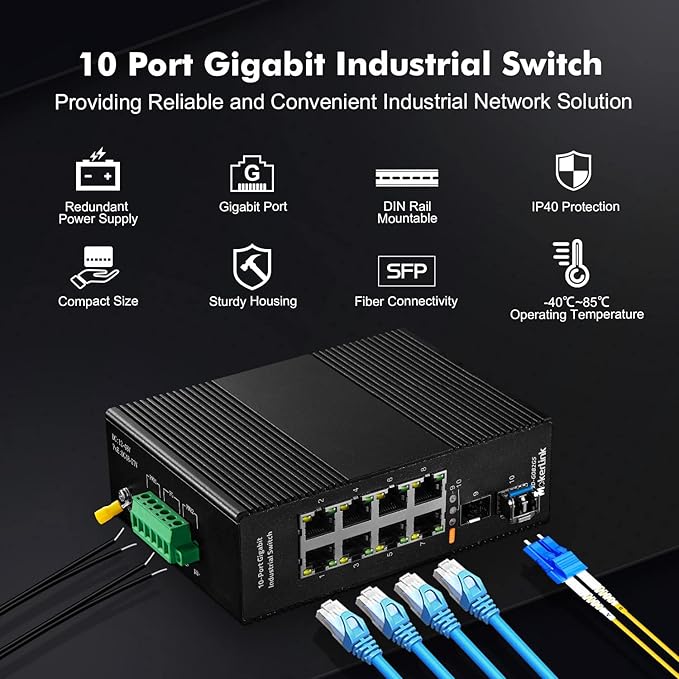 MokerLink 8 Port Gigabit Industrial DIN-Rail Ethernet Switch, 2 SFP Ports with 1 LC 20KM Module(SMF), IP40 Rated Unmanaged Network Switch (-40 to 185°F), with UL Power Supply