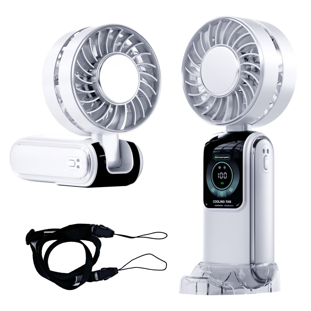 GZEduld Personal Handheld Fan with Stand & Lanyard, 5000mAh USB-C Rechargeable Battery, 12H Runtime 5-Speed LED Display Mini Cool Fan for Travel Beach Concerts Outdoor Events（4 Colors Available）