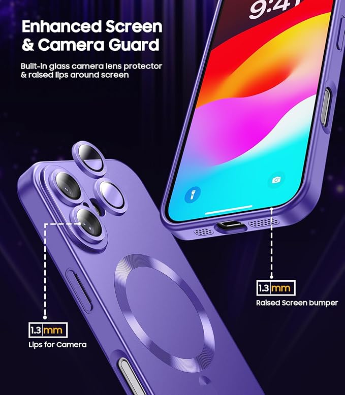 LEKEVO Magnetic for iPhone 16 Plus Case [Compatible with MagSafe][Built-in Camera Lens Protector] Slim Soft Silicone Bumper Shockproof Metallic Luster Phone Case (Purple)
