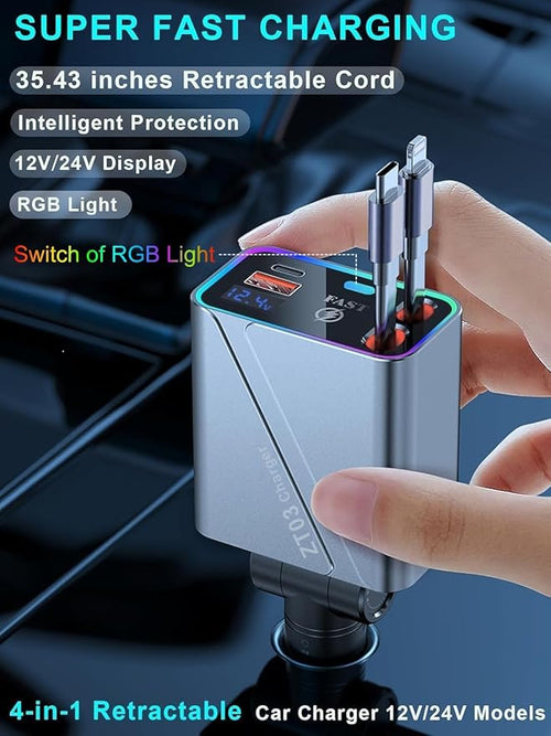 4 in 1 Retractable USB C Car Charger Adapter - 146W/65W Fast Charging, 35.43in Cord, Gift for Men & Women, Compatible with iPhone 16/15/14/13/12 & Android