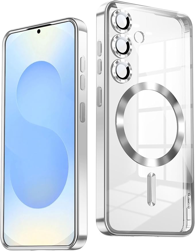 Slim Thin for Samsung Galaxy S25 Case, Compatible with MagSafe, Built-in Camera Lens Protector, Shockproof Protective Phone Case, Soft Electroplated Clear Phone Cover, Silver