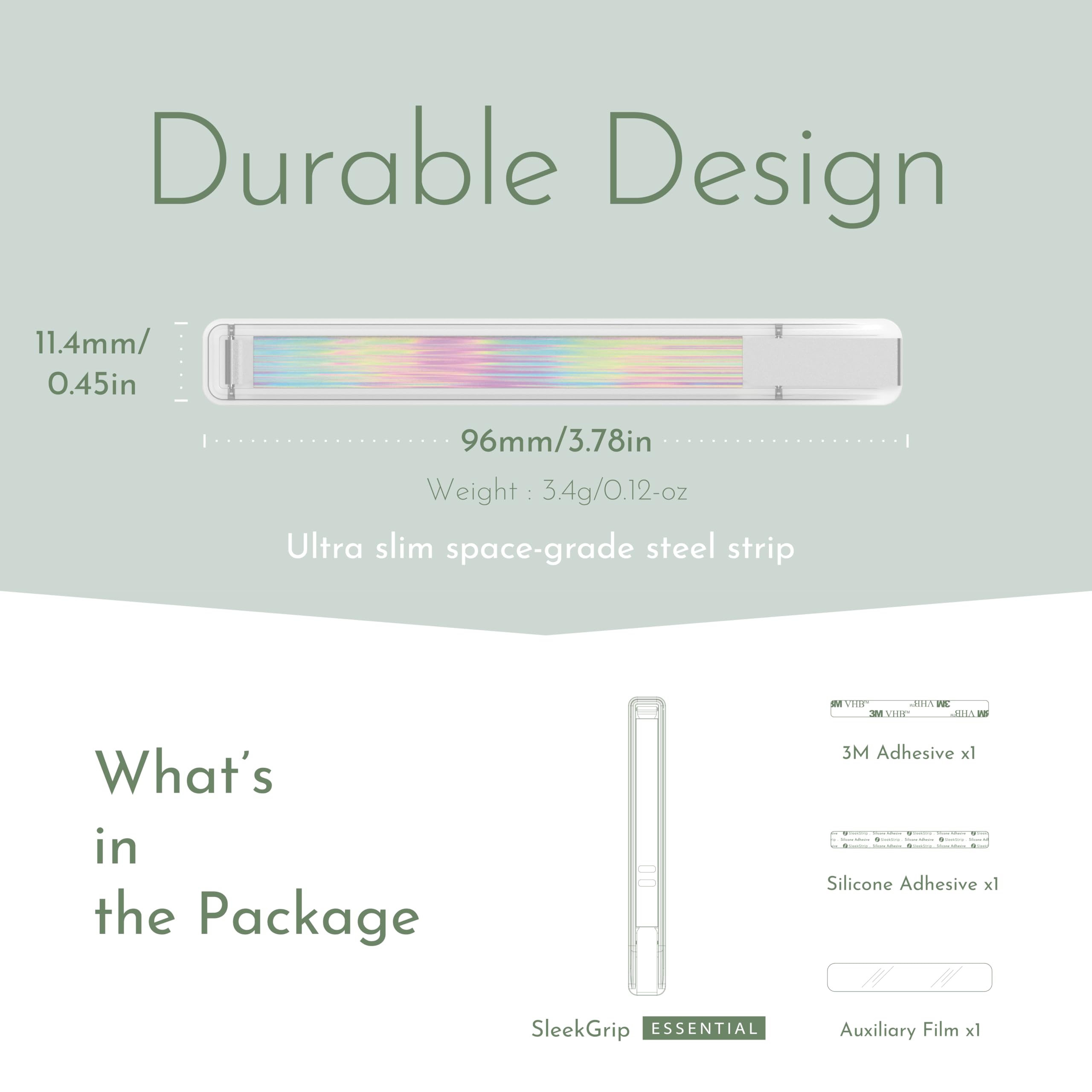 SleekStrip SleekGrip-Essential Ultra Thin Phone Grip Stand,Slim Metal Finger Loop Ring Hand Holder Strap Cell Phone Grips for iPhone 16 Pro Max,17 Air,Android,Case Back - Frosted x Iridescence