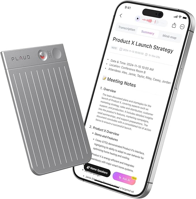 Plaud Note AI Voice Recorder Black with Black Case, App Control, Transcribe & Summarize with AI Technology, Support 112 Languages, 64GB Memory, Audio Recorder for Lectures, Meetings, Calls