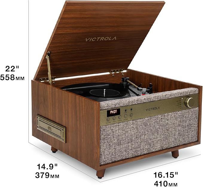 Victrola Century 6-in-1 Vinyl Record Player & Music Center – 3-Speed Turntable, CD & Cassette Player, VINYLSTREAM, Bluetooth & 3.5mm Aux, Record Player with Speakers, Mid Century Design (Walnut)