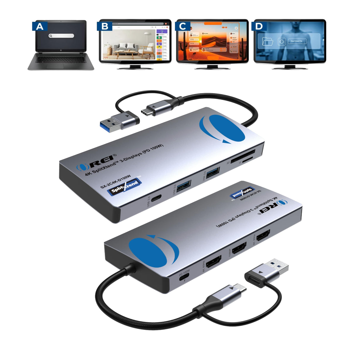 OREI SplitXtend USB C Docking Station Triple Monitor with 3xHDMI Ports - 4K