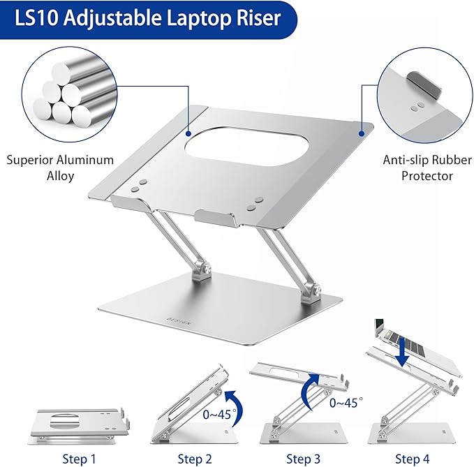 BESIGN LS10 Aluminum Laptop Stand, Ergonomic Adjustable Notebook Stand, Computer Holder Compatible with Air, Pro, Dell, HP, Lenovo More 10-14" Laptops, Silver