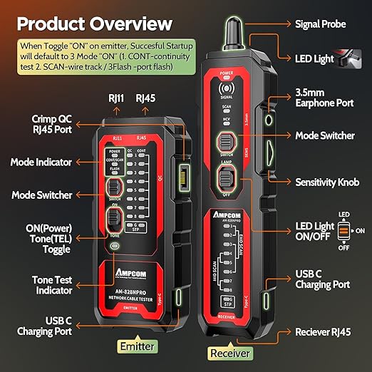 AMPCOM Wire Tracker & Network Cable Tester with PoE Detection, NCV Voltage Detection, RJ45/RJ11 Line Tracer, Type-C Rechargeable, LED Light, for LAN/Ethernet/Telephone Continuity Testing