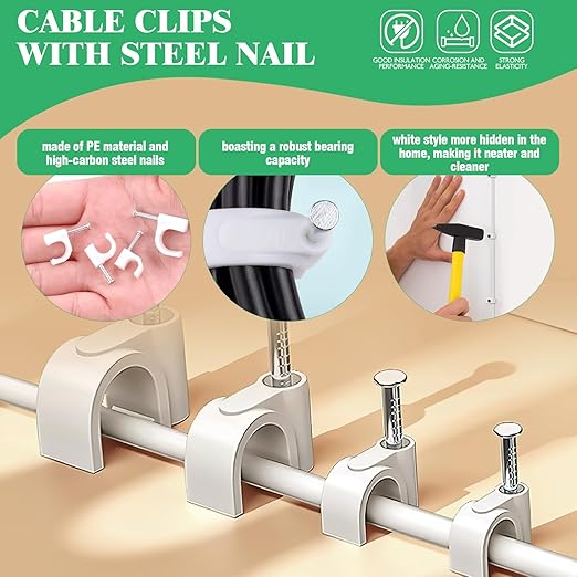 800Pcs 4mm 6mm 8mm 10mm J-Hook Ethernet Cable Nails Wire Clips with Steel Nails and 5/8" 3/4" 1/2" 1" Insulated U Staple Nail for Home Office Business