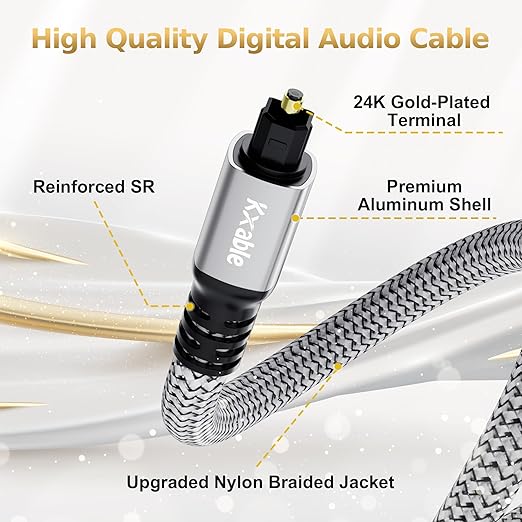 Optical Audio Cable 20 FT, Digital Audio Cable, Toslink Fiber Optic Cord, [Nylon Braided, Slim Aluminum Shell, Gold Plated Connector], for Home Theater, Sound Bar, PS4, Xbox, TV and More