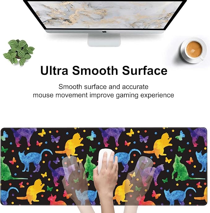 Colorful Cats and Butterflies Desk Mat,Large Watercolor Kittens Butterfly Gaming Keyboard Mouse Pad,Non-Slip Rubber Base Desk Pad Thick Stitched Edges Waterproof Mousepad Mouse Mat 31.5"x11.8"