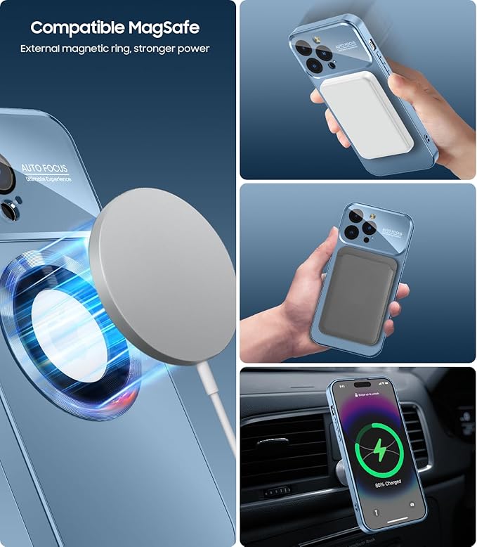 Magnetic for iPhone 14 Pro Max Case, Compatible with MagSafe, Built-in Camera Lens Protector, Logo View, Military Grade Drop Proof Phone Case Cover, Sierra Blue