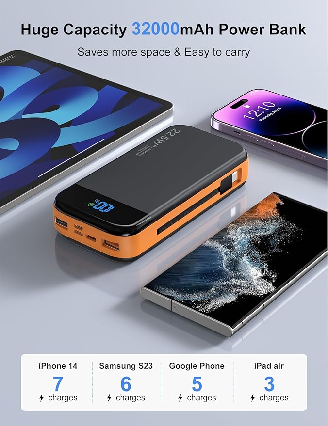 Portable Charger Power Bank 32000mAh with Built in Cables, PD3.0 USB C Fast Phone Charger, 5 Outputs LCD Display Travel Battery Pack Compatible with iPhone, Samsung All Cell Phones (Orange)