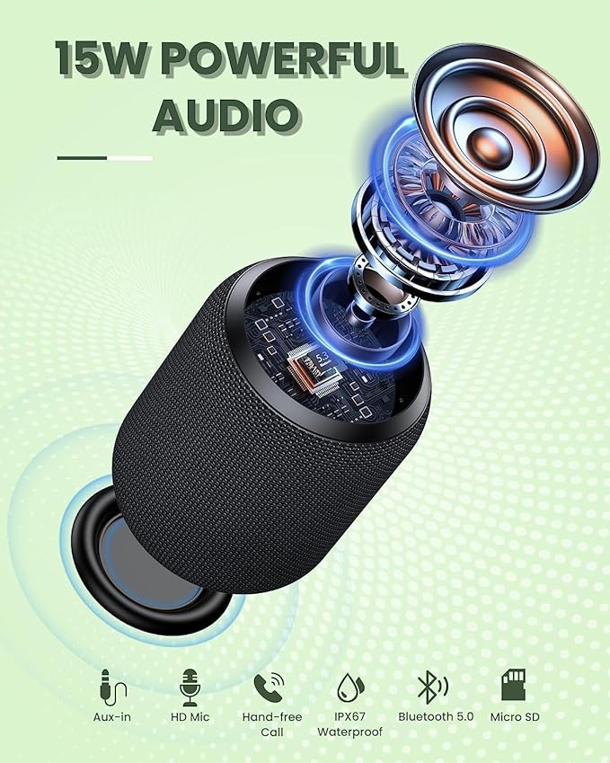 NOTABRICK Bluetooth Speaker, 15W Portable Speakers Bluetooth Wireless V5.0 with Stereo Sound, Active Extra Bass, IPX67 Waterproof Shower Speaker, Double Pairing, for Party, Home Theater, Game Theater