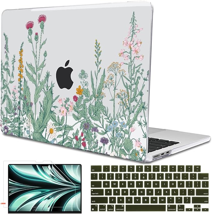 Compatible for MacBook Air 13.6 inch Case M4 M3 M2 2025 2024-2022 Release Model A3240 A3113 A2681, Printed Plastic Protective Hard Shell Cover for MacBook Air M4 13", Green Plants Flowers