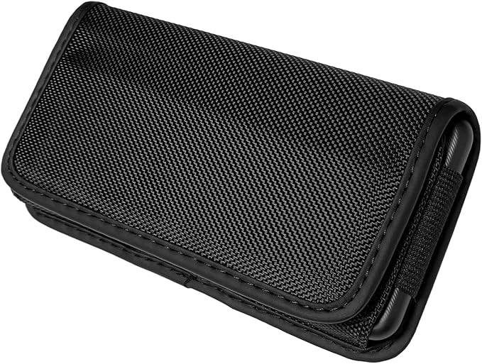 Nylon Cellphone Holster for iPhone 11 Pro Max, XS Max,8/7 Plus, Samsung Galaxy s22,S23,S24 TCL 40 xe, ion x, ion v - Horizontal Case Canvas Waist Carrying Pouch with Belt Clip/Loops, Black