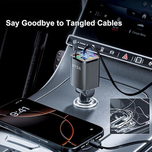 4 in 1 Retractable Car Charger with Starry Light,69W USB-C Fast Car Charger, for iPhone 17/16/15/14/13/12/11, Android,Pixel,Cigarette Lighter Charger (for Lightning+Type C &RGB)