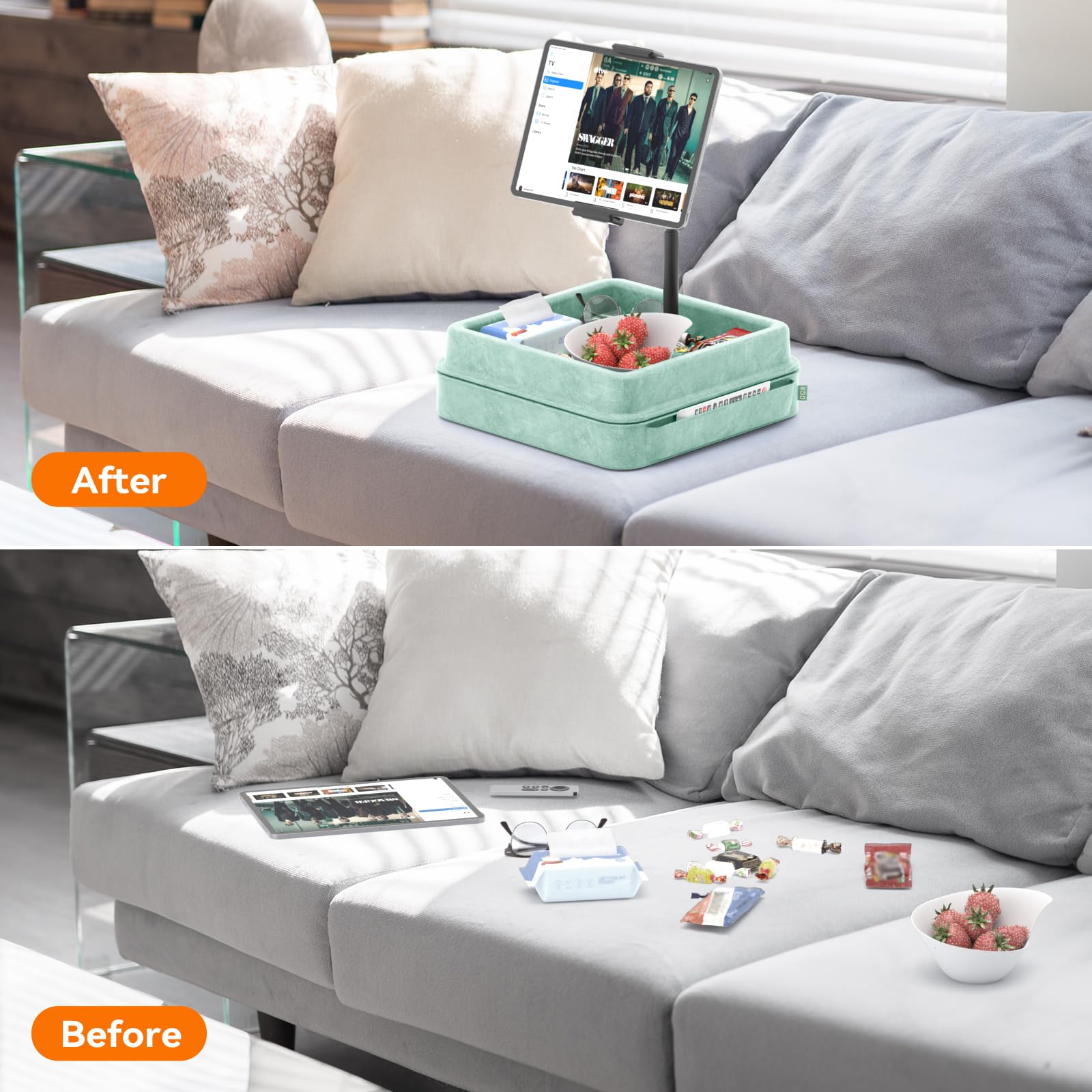 KDD Tablet Pillow Holder - 360°Adjustable iPad Pillow Stand for Lap, Bed and Desk - Gooseneck Tablet Soft Pad Dock with Storage Tray and Pocket Compatible with iPad Pro 12.9, Air Mini, Phone,(Green)