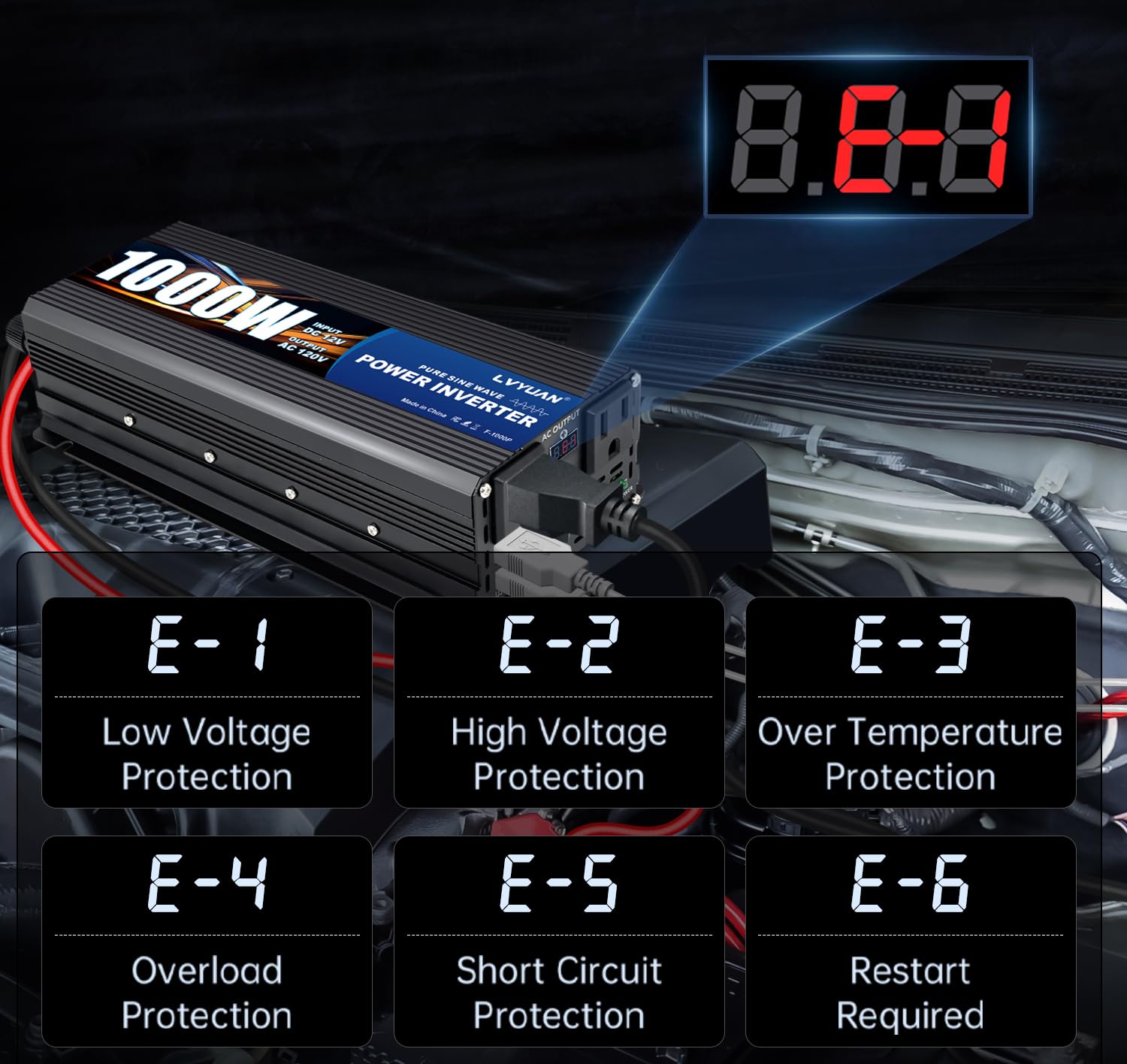 LVYUAN 1000W Pure Sine Wave Inverter 12V to 110-120V, Dual AC, USB, LED