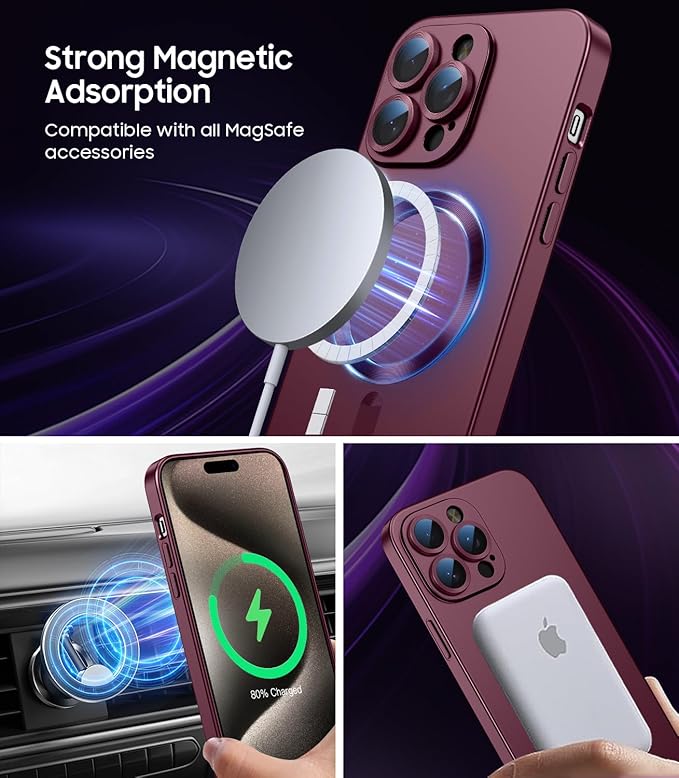 Magnetic for iPhone 15 Pro Case [Compatible with MagSafe][Built-in Camera Lens Protector] Slim Soft Silicone Bumper Shockproof Metallic Shine Phone Case (Burgundy)