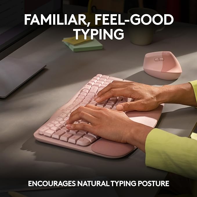 Logitech Wave Keys Wireless Ergonomic Keyboard with Cushioned Palm Rest, Comfortable Natural Typing, Easy-Switch, Bluetooth, Logi Bolt Receiver, for Multi-OS, Windows/Mac - Rose