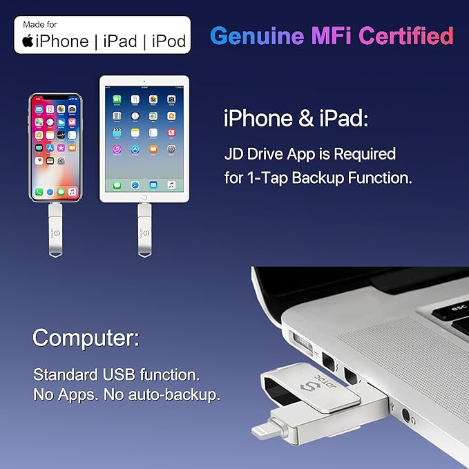 Genuine Apple MFi Certified iPhone USB Flash Drive 256GB - Real Capacity - No Fake Storage, Genuine Lightning, encrypted Auto Backup Photo Stick for iPhone iPad Photos/Videos - Avoid Fake MFi Clones!