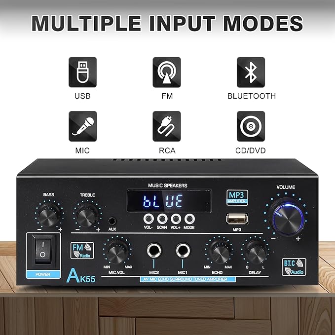 AK55 Bluetooth 5.0 Amplifier Home Audio,2.0 Channel Max 450W Power Stereo Amplifier Receiver w/USB/AUX/RCA/Opt/COA /2 MIC in for Home Theater Speakers