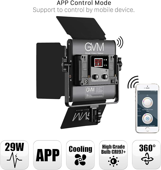GVM Led Bi-Color Video Lights with APP Function, Variable CCT 2300K-6800K and 10%-100% Brightness with Digital Display for Video Studio Shooting, CRI97+ TLCI97 Led Light Panel +Barndoor