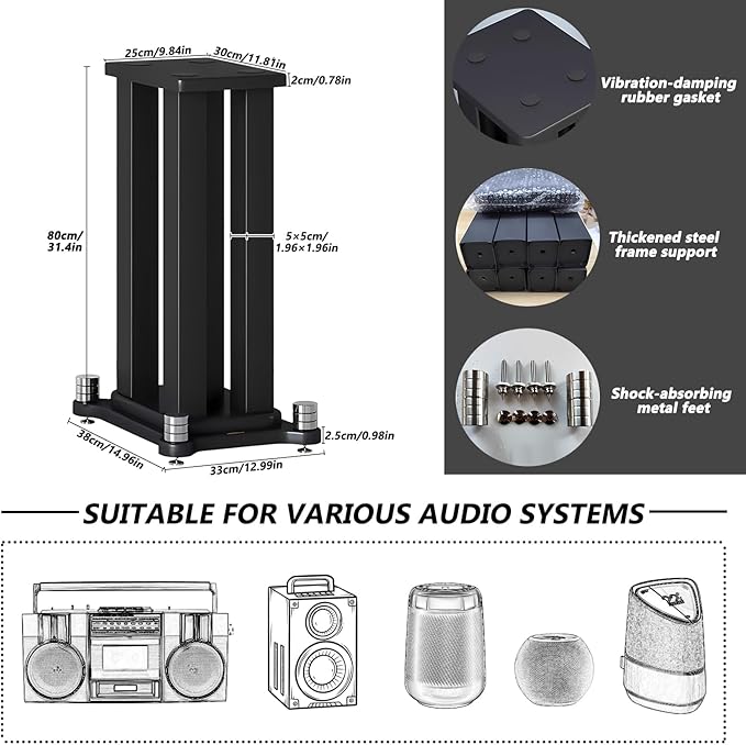 A Pair of Speaker Stands, Bookshelf Speaker Stand Steel Frame Support for Speakers up to 40 kg, Vibration-Absorbing MDF Design, Universal Speaker Stand Improves Sound Quality (70cm/27.5in)