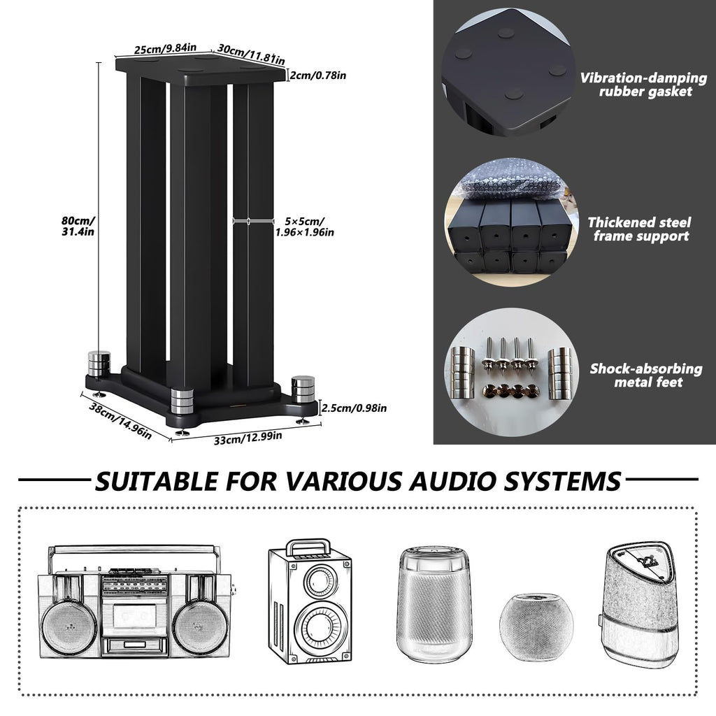 A Pair of Speaker Stands, Bookshelf Speaker Stand Steel Frame Support for Speakers up to 40 kg, Vibration-Absorbing MDF Design, Studio Monitor Stands Improves Sound Quality (70cm/27.5in)