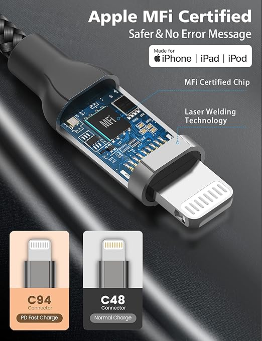 10ft USB C to Lightning Cable 2Pack,[Apple MFi Certified]Power Delivery USB C iPhone Charger Fast Charging,10 foot Nylon Braided Type C to Lightning Cord for iPhone 14 13 12 11 Pro Max XR XS 8 SE iPad