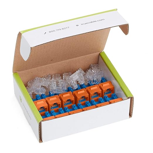 trueCABLE Cat6 Keystone Jack, Unshielded (UTP), 90 Degree Punch-Down, PoE++ (4PPoE) 100W, UL Listed, ETL Verified, ANSI/TIA Certified, Modular RJ45 Female, Orange, 12 Pack