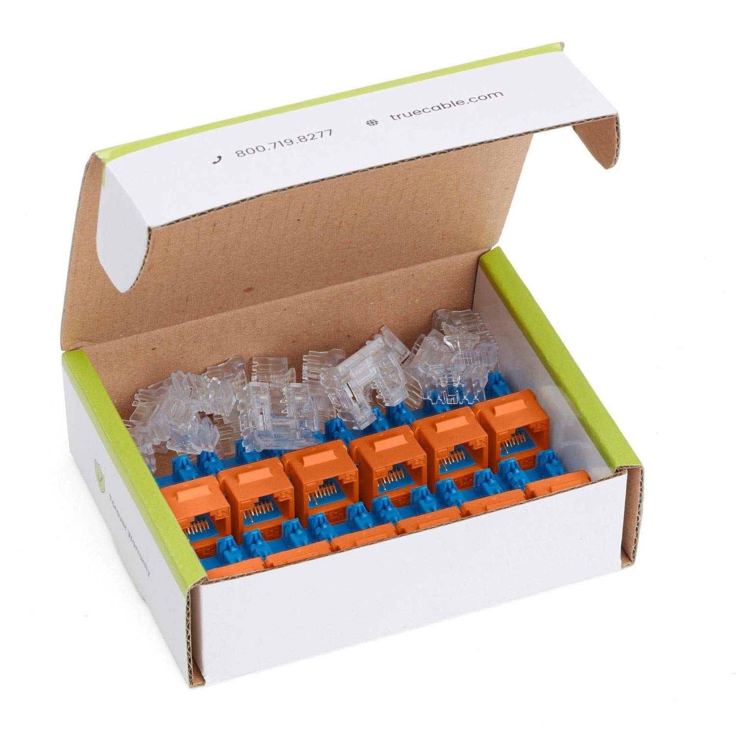 TRUE CABLE Cat6A Unshielded (UTP) Keystone Jack, 90-Degree Punch-Down RJ45 Female Module, PoE++ 4PPoE, UL Listed & TIA Certified, Orange, 12 Pack