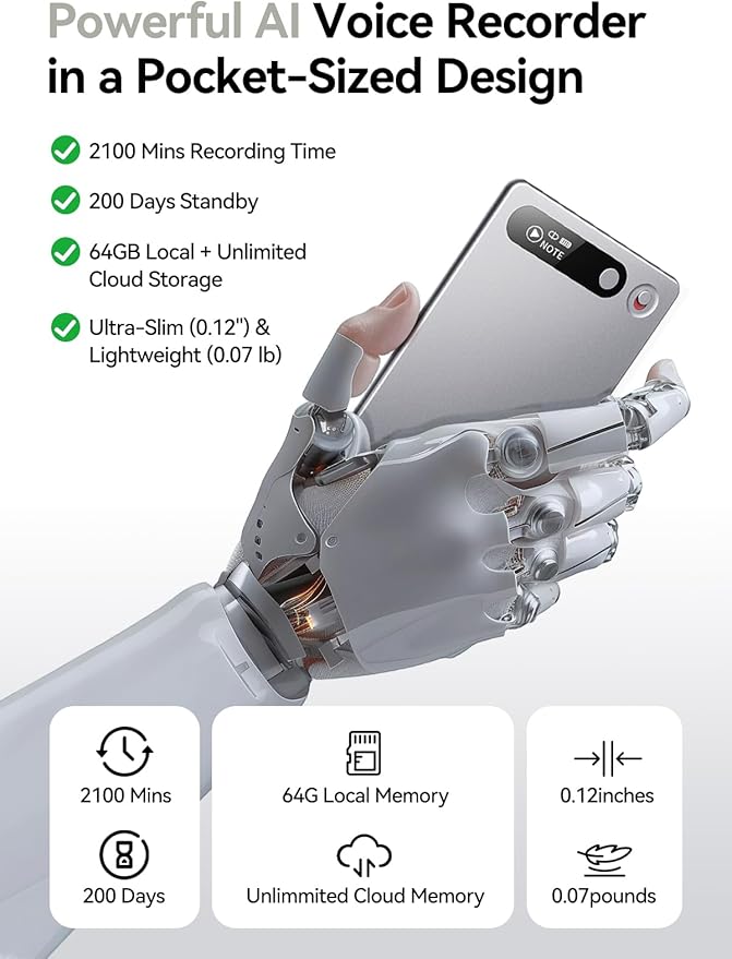 AI Voice Recorder with App Control, Advanced AI Technology for Transcription & Summarization, 64GB Memory, Magnetic Case, Supports 50 Languages – Audio Recorder for Lectures, Meetings, Interviews