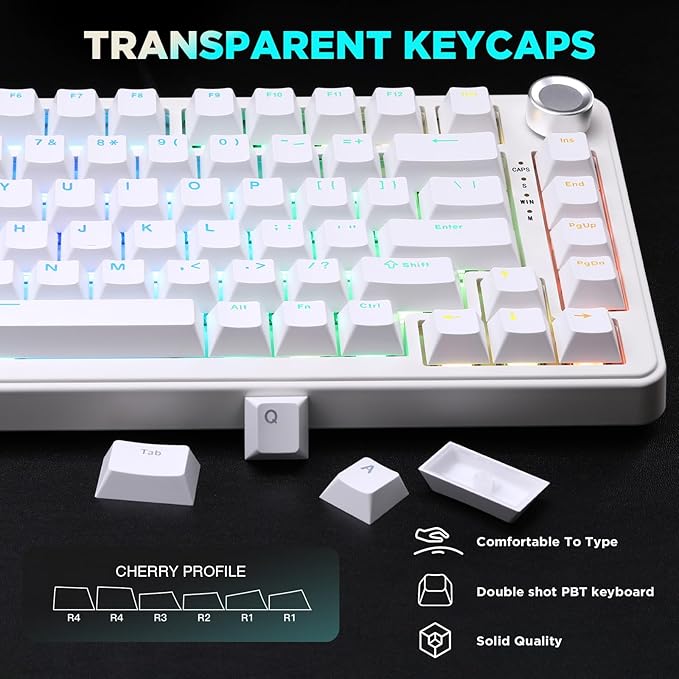 YUNZII B75 Mechanical Keyboard,75% Layout with Knob,Hot Swappable RGB Backlit Gasket Mounted, Creamy Typing, Double-Shot PBT Keycaps,Cherry Profile,for Win/Mac (White, Blue Grey Tactile Switch)
