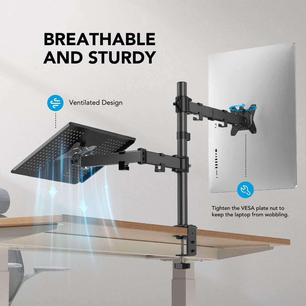HUANUO Adjustable Monitor Arm with Laptop Tray, Single Desk Mount for 13-32" VESA Monitors up to 22 lbs, 14" x 12" Laptop Tray