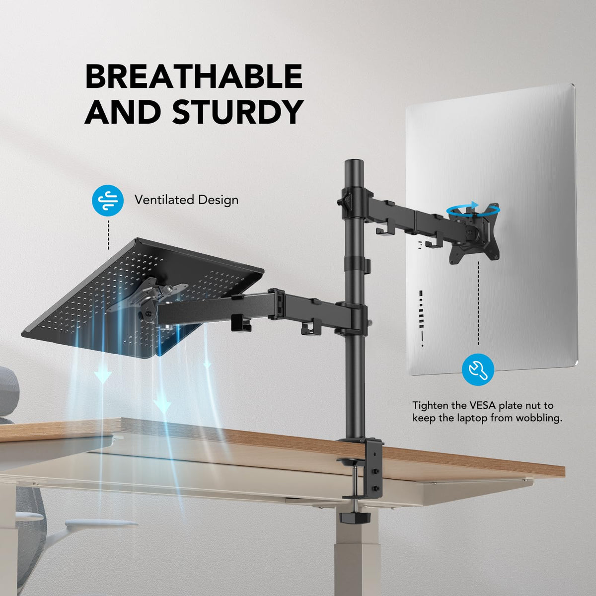 HUANUO Adjustable Monitor Arm with Laptop Tray, Single Desk Mount for 13-32" VESA Monitors up to 22 lbs, 14" x 12" Laptop Tray