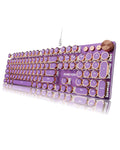 EWEADN Wired Typewriter Mechanical Keyboard, Low Noise Pink Switch Retro Punk Keyboard with Media Knob, White Backlit, Metal Panel, 104-Key Round Keycaps Cute Keyboard for Windows PC -Purple
